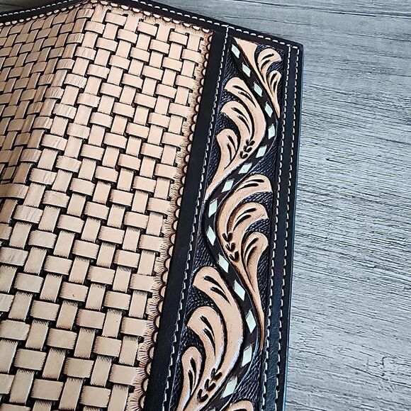 Ranger Western Floral Tooled Basket Weave Leather Rodeo Wallet Buck Stitching - Picture 5 of 7
